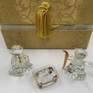Nativity Mary, Joseph and baby Jesus. Glass with gold trim.  Messengers.